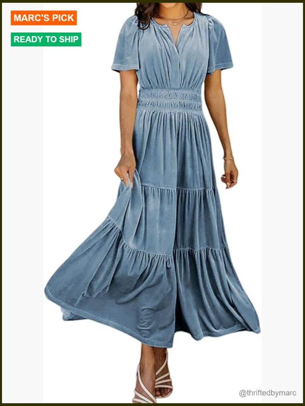Vintage Velvet Maxi Dress Short Sleeve V-Neck Elastic Waist Tiered Ruffle A-Line